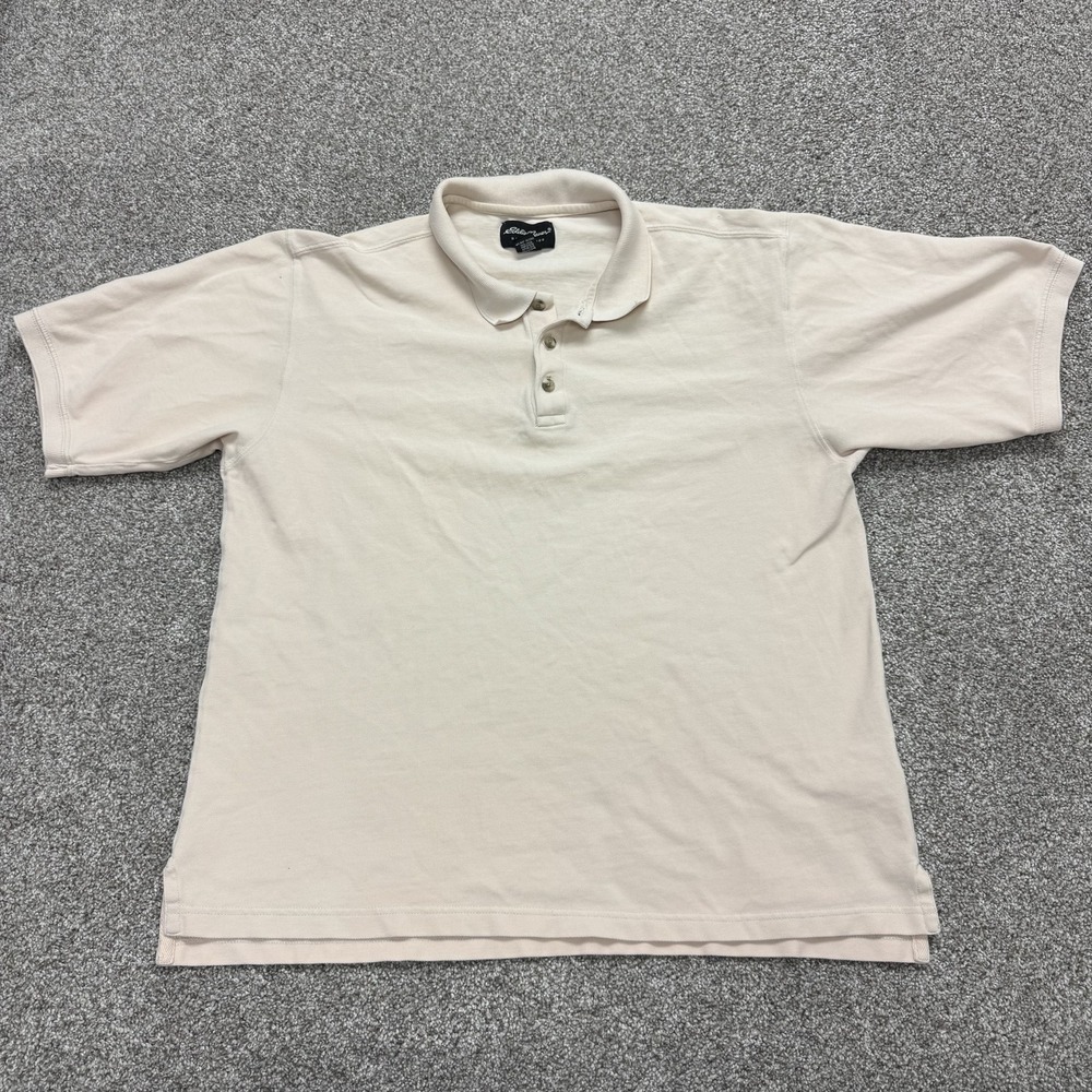 Eddie Bauer Polo Shirt Mens L Beige Solid Cotton Knit Short Sleeve Casual
